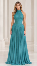 Front view of model wearing a teal high-neck beaded halter pleated chiffon evening gown