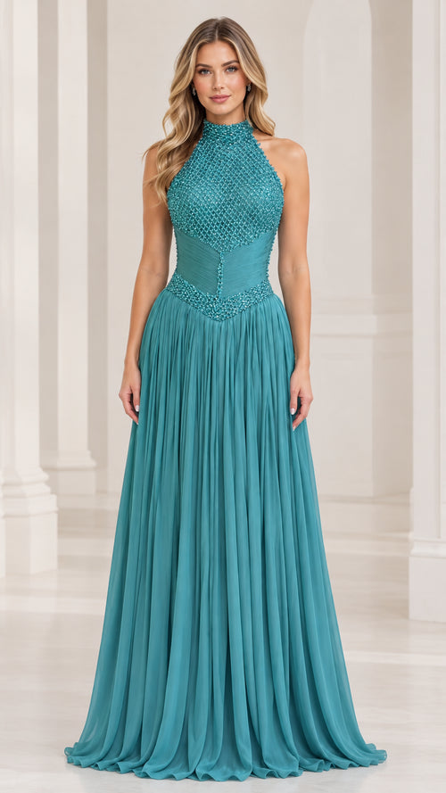 Front view of model wearing a teal high-neck beaded halter pleated chiffon evening gown