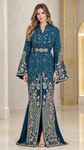 Teal embroidered Moroccan caftan evening dress front view with bell sleeves and belt