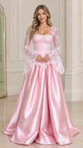 Front view of model wearing pink lace bell sleeve corset satin ball gown