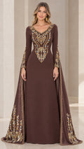 Front view of chocolate brown cape sleeve evening gown with gold crystal beadwork
