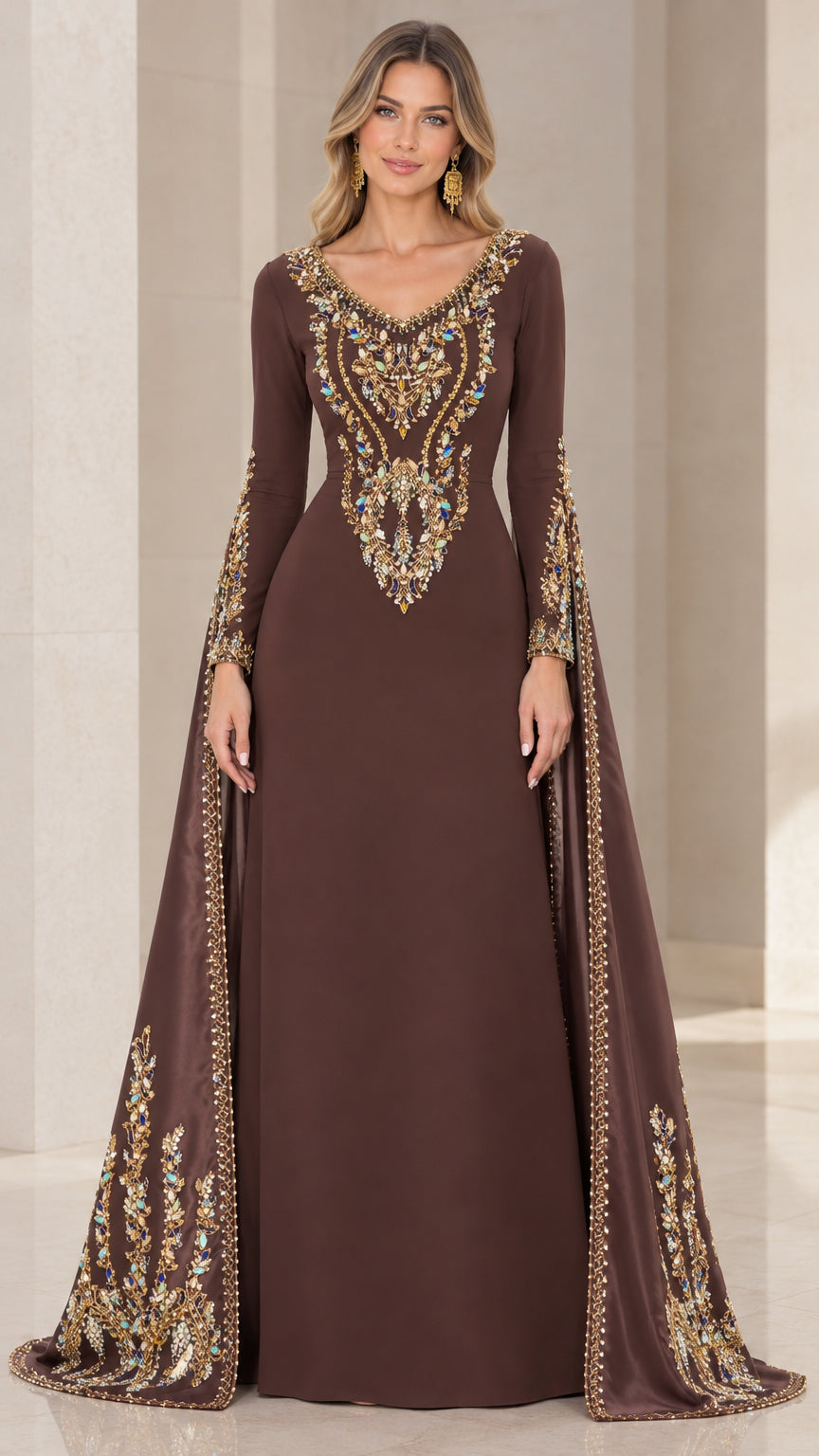 Front view of chocolate brown cape sleeve evening gown with gold crystal beadwork