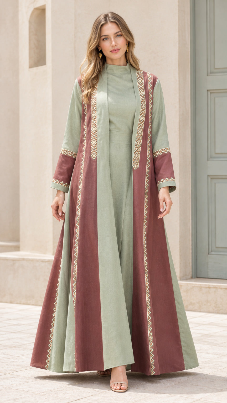 Full front view of sage green and terracotta embroidered two-piece abaya set