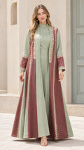 Full front view of sage green and terracotta embroidered two-piece abaya set