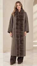 Taupe faux fur trim maxi cardigan coat front view