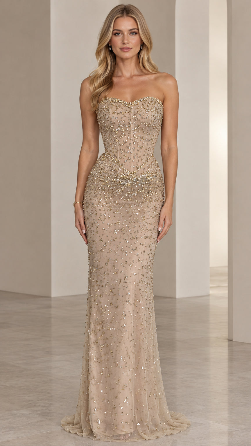 Front view of model wearing Champagne strapless beaded corset evening gown