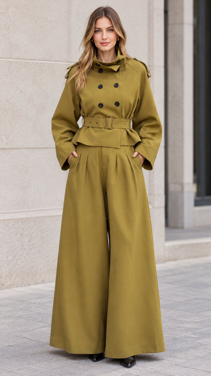 Front full-length view of woman wearing olive green cropped trench jacket and wide-leg trousers set