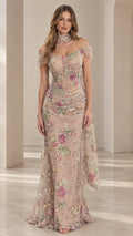 Front view of model wearing Champagne floral embroidered beaded evening gown with choker