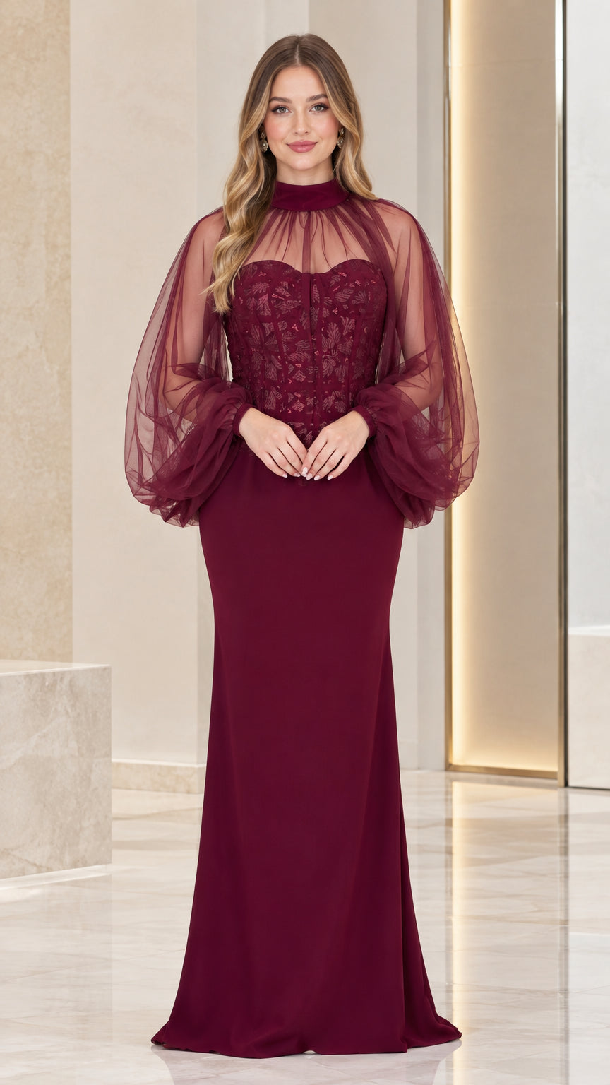Burgundy high neck evening gown with sheer balloon sleeves and embroidered corset bodice front view