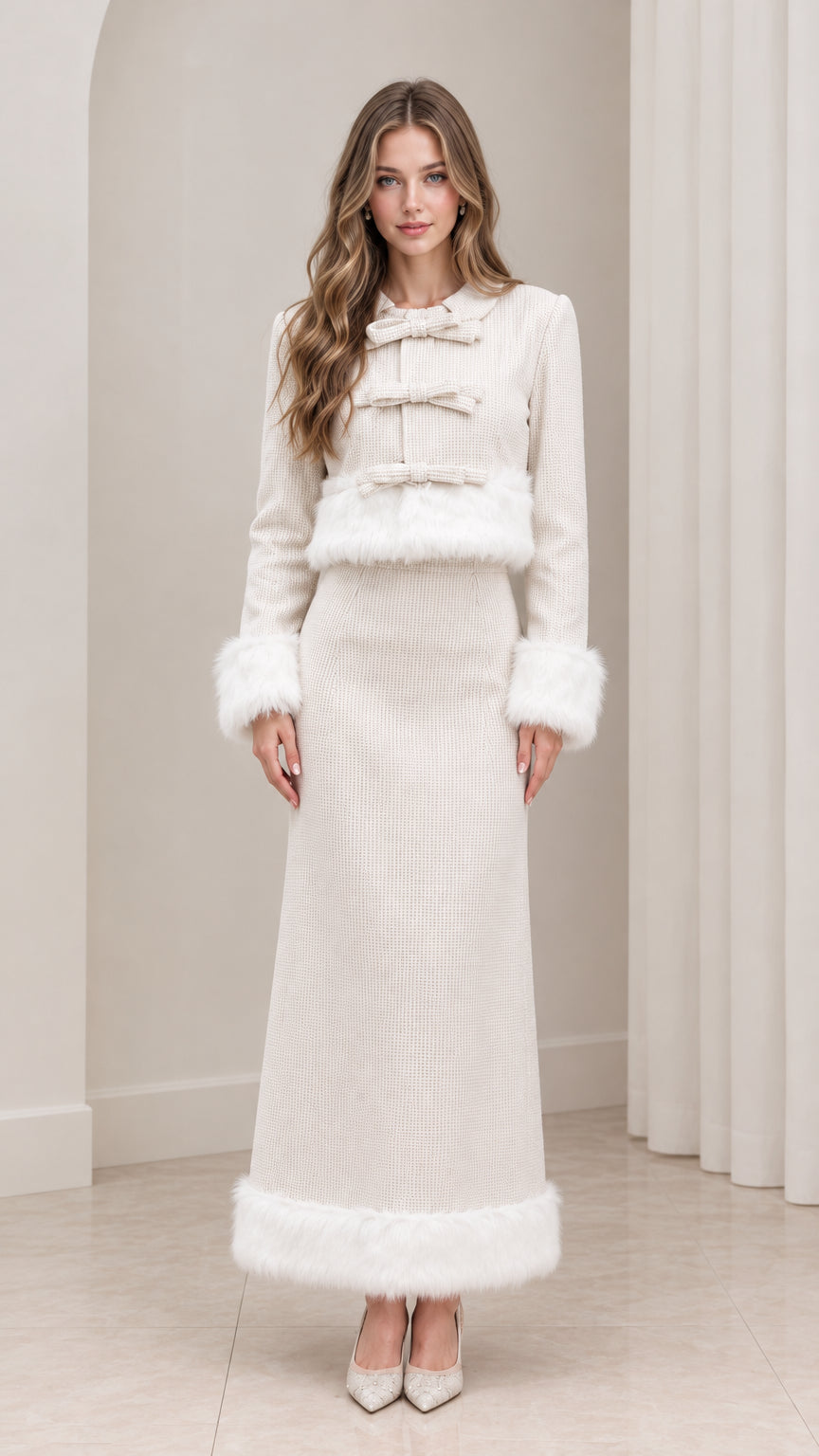 Ivory faux fur trim cropped jacket and matching maxi skirt set front view
