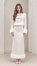 Ivory faux fur trim cropped jacket and matching maxi skirt set front view