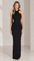 Front view of black halter maxi dress with beaded neckline and shoulder bow brooch