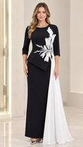 Full front view of black evening gown with 3/4 sleeves, crystal waist embellishment, and white cascading side train