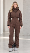 Front view of woman wearing chocolate brown one-piece hooded ski suit