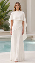 White capelet mock neck pleated maxi dress front view
