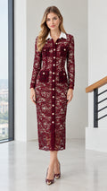 Full front view of model wearing burgundy floral lace midi dress with white contrast collar