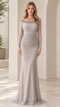 Front view of woman wearing silver beaded off-the-shoulder ruched lace mermaid evening gown