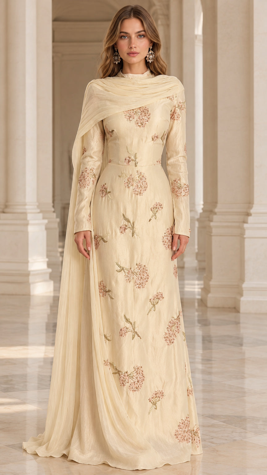 Champagne long sleeve embroidered maxi gown with shoulder drape front view
