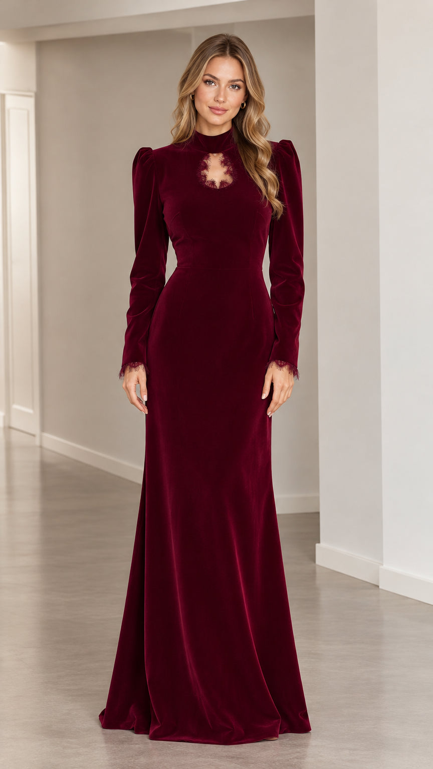 Burgundy high neck lace cutout long sleeve velvet maxi dress front view