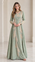 Full front view of sage green embellished long sleeve crinkle maxi dress
