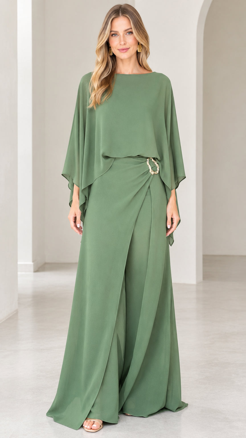 Sage green capelet overlay wide-leg evening jumpsuit front view