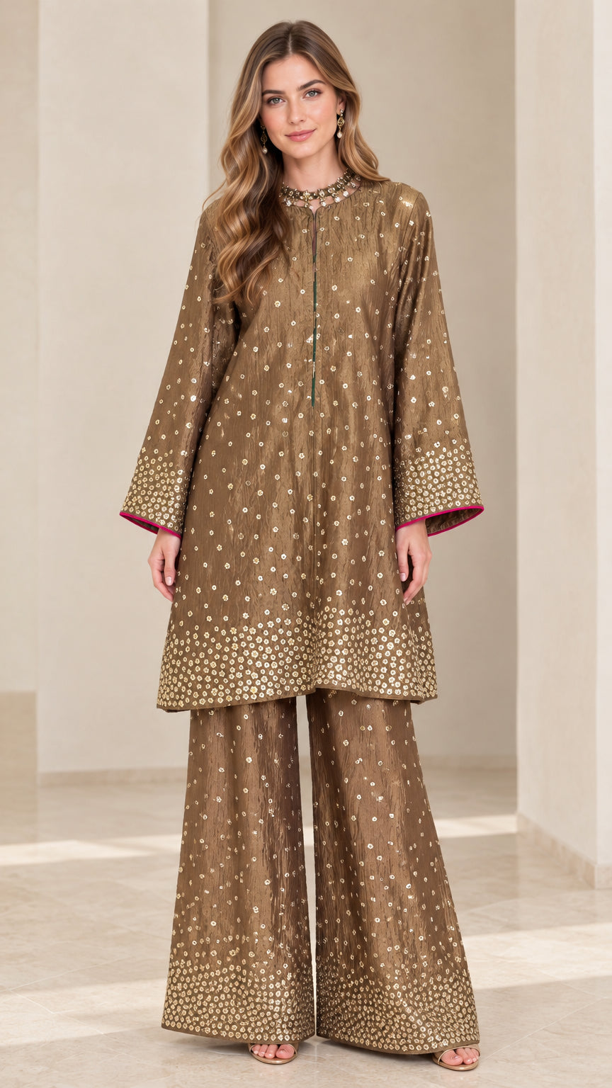 Front full-length view of model wearing Bronze metallic print tunic and palazzo pant set