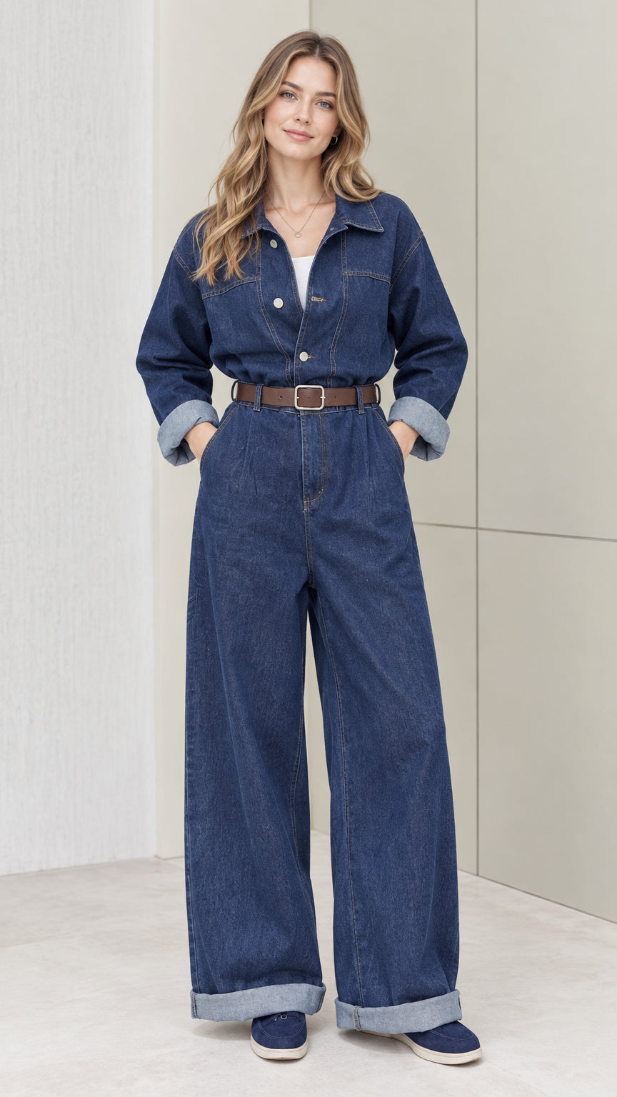 Front full-length view of woman wearing a denim blue wide-leg utility jumpsuit with belt