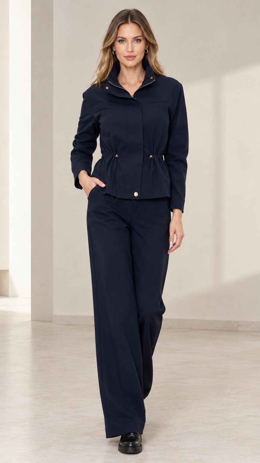 Front view of model wearing Navy Blue utility jacket and wide-leg pants set