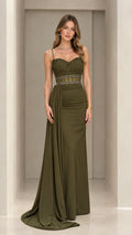 Front view of olive green pleated sweetheart maxi evening gown with side drape