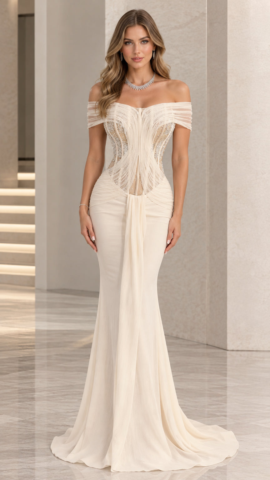 Ivory off-the-shoulder corset mermaid evening gown front view