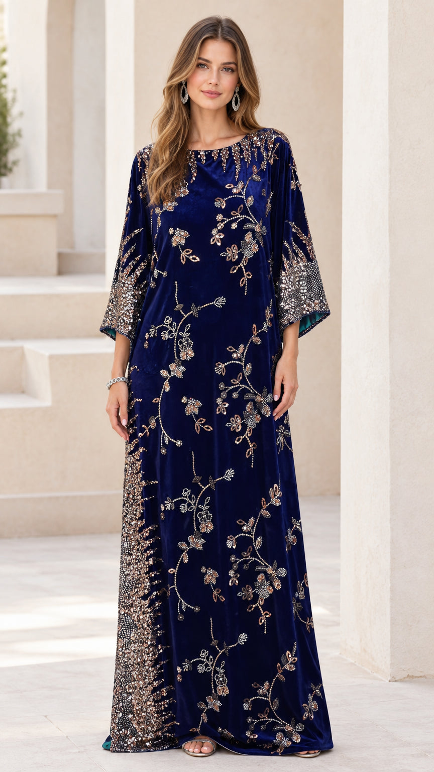 Front full-length view of woman wearing navy blue embellished velvet kaftan maxi dress