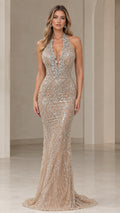 Front view of model wearing a champagne crystal halter beaded mermaid evening gown