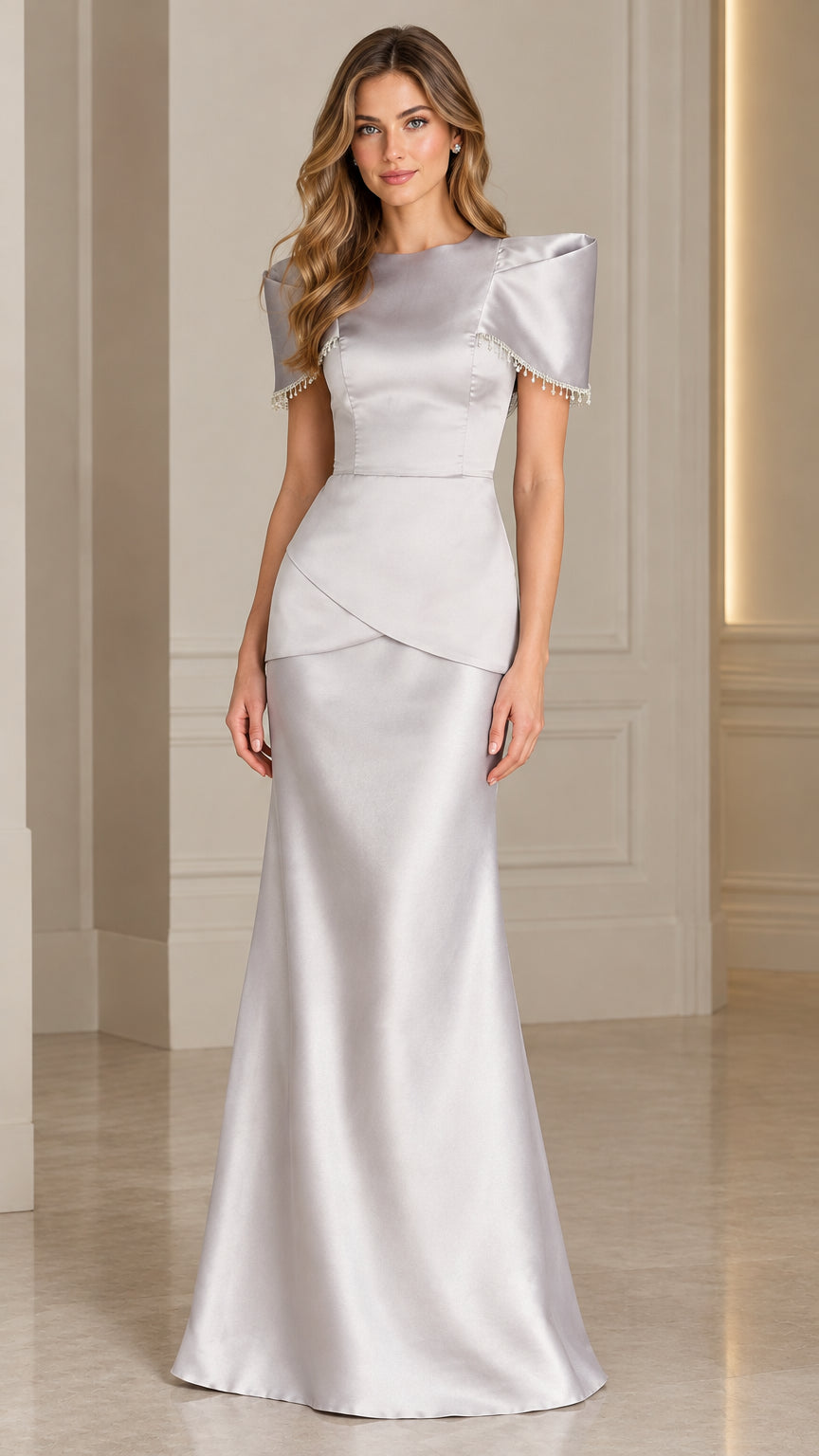 Front view of model wearing floor-length silver satin evening gown with beaded fringe sleeves