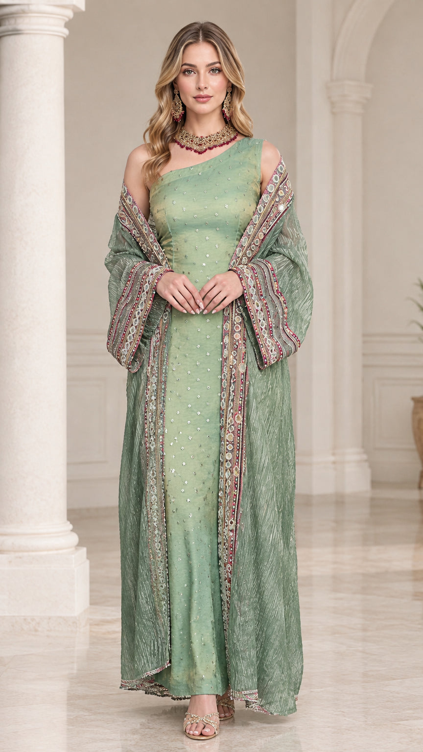 Full front view of sage green one-shoulder maxi dress with embroidered robe set