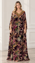 Front view of woman wearing burgundy floral velvet embellished kaftan maxi dress