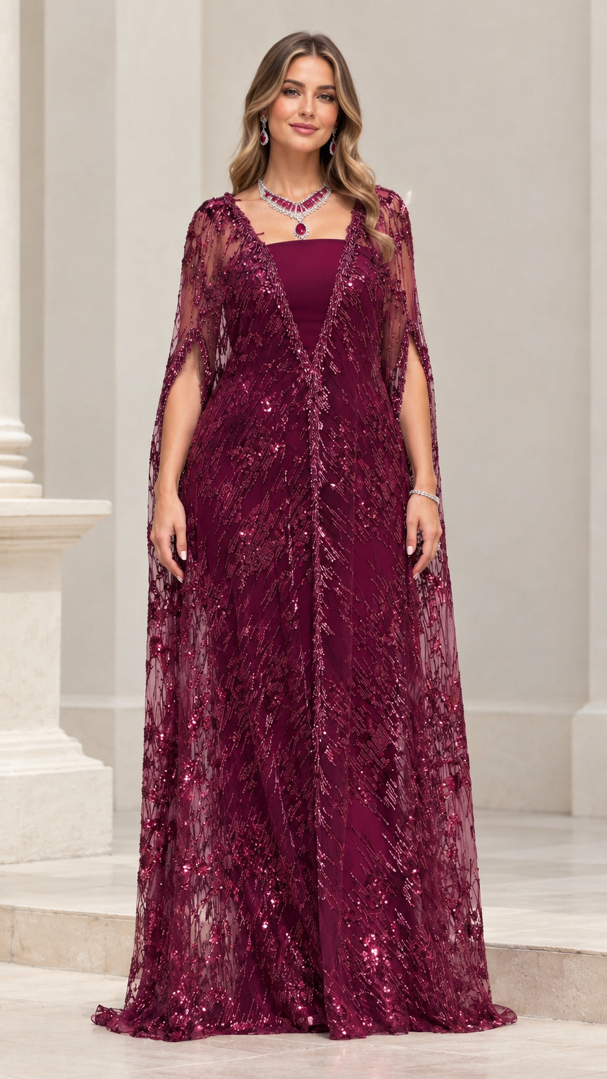 Front view of burgundy sequin cape evening gown on model