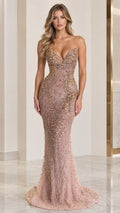Full front view of dusty rose strapless beaded mermaid evening gown