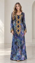 Front full-length view of royal blue embroidered kaftan maxi dress with gold beadwork
