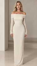 Front view of model wearing ivory off-the-shoulder pearl embellished long sleeve maxi dress