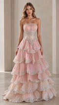 Front view of model wearing Blush Pink strapless sequin tiered ball gown