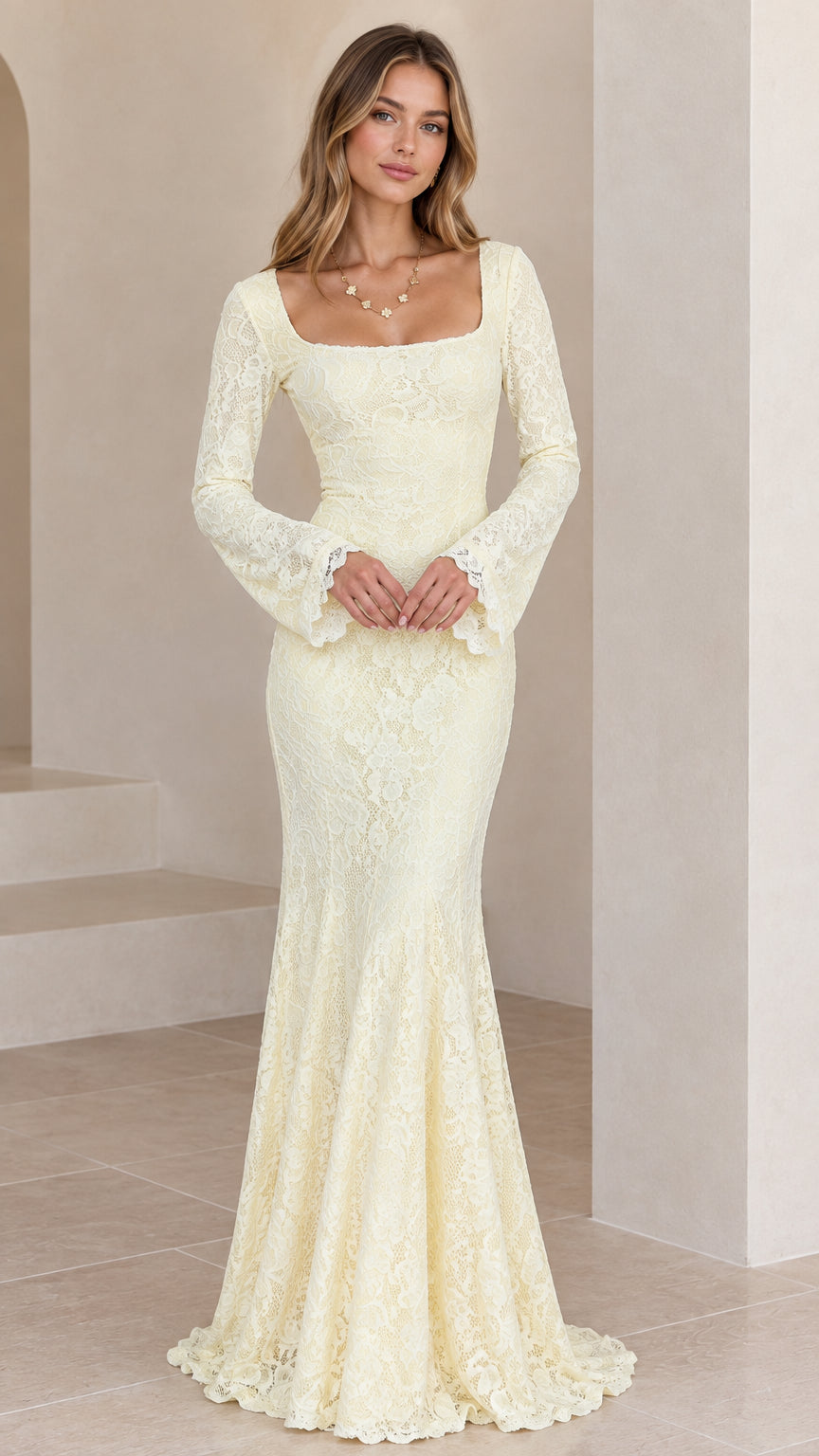Ivory square neck long bell sleeve floral lace mermaid maxi dress front view