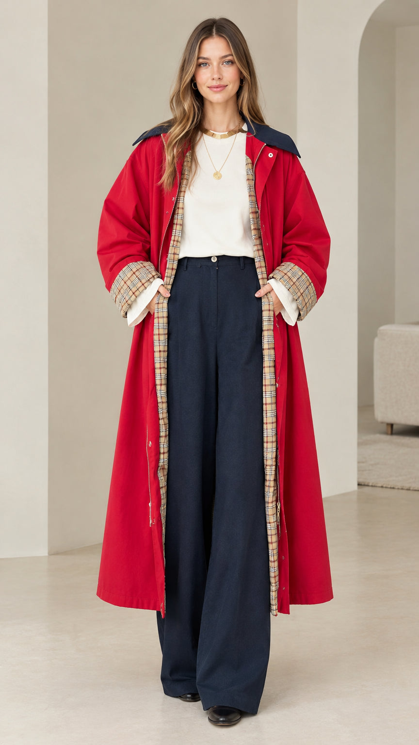 Front view of model wearing red longline trench coat with plaid cuffs and wide leg pants