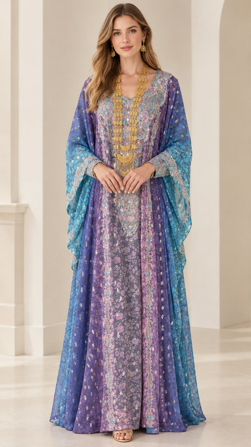 Front view of woman wearing Royal Blue ombre embellished printed kaftan maxi dress