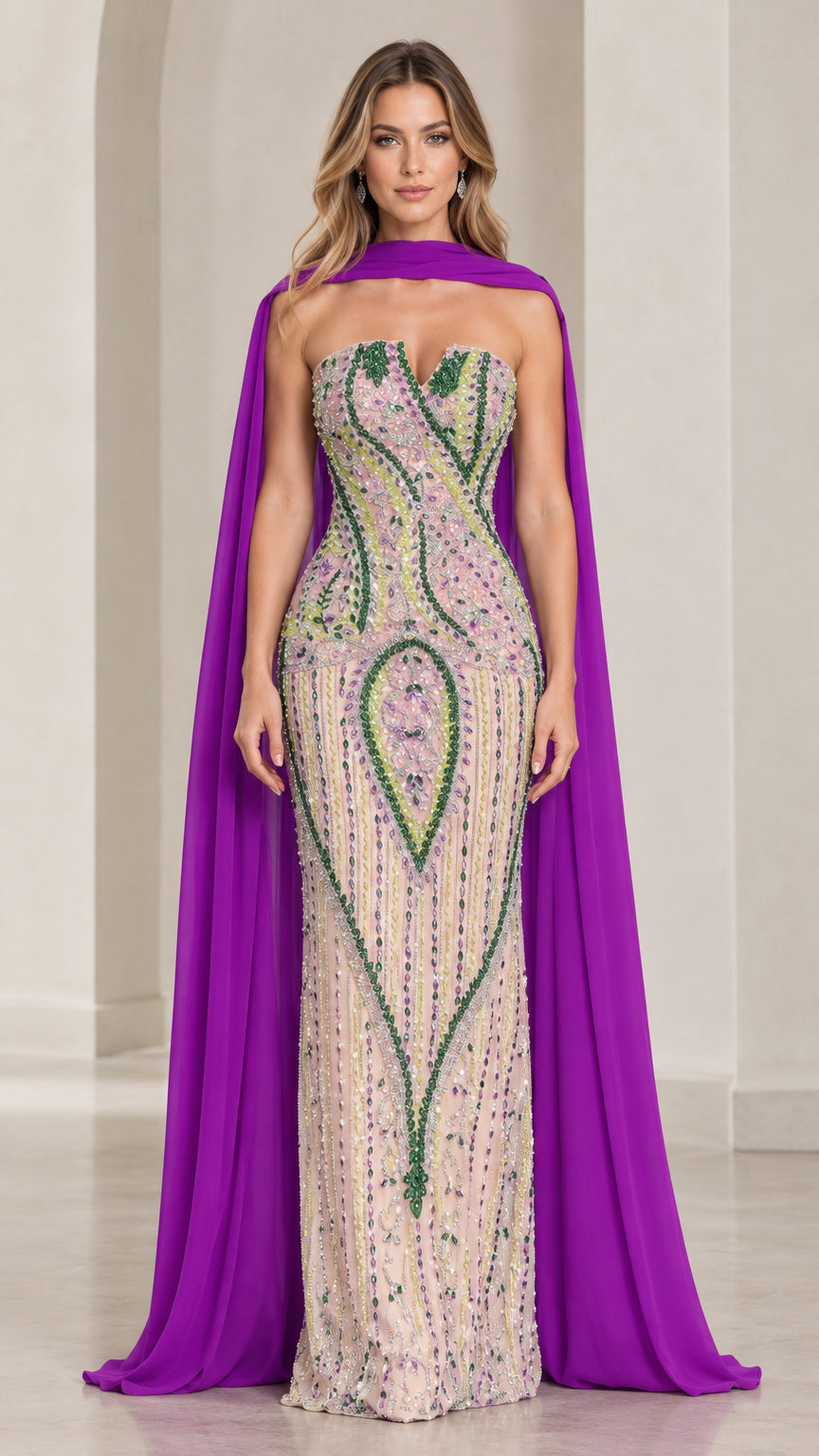 Front view of model wearing purple strapless beaded evening gown with matching purple chiffon cape