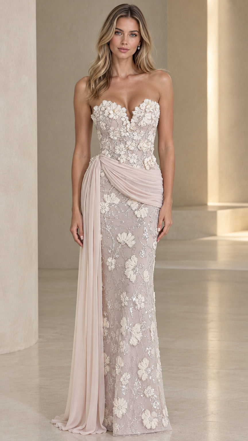 Full front view of blush strapless 3D floral appliqué evening gown with draped sash