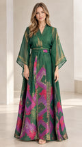 Emerald green kimono maxi dress with gold foil print and matching waist tie front view