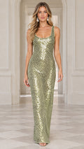 Front view of model wearing sage green sequin scoop neck sleeveless maxi evening dress