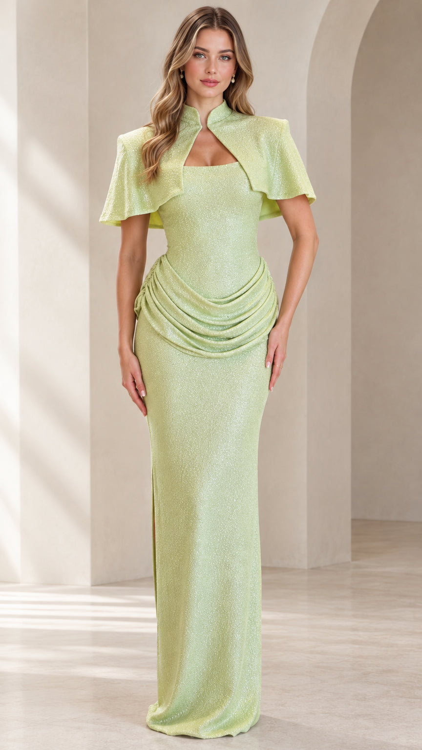Front view of model wearing Sage Green shimmer capelet evening gown