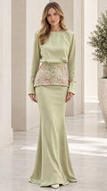 Sage Green long sleeve evening maxi dress with floral embroidered waist panel