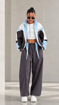 Model wearing Charcoal Grey colorblock tracksuit set front view